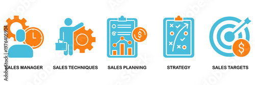 Sales management icon set Aqua Orange Flat concept for manager, sales techniques, planning, strategy, and targets