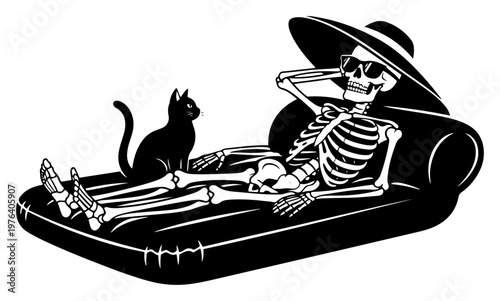 Skeleton sunbathing on lounge chair with cat wearing sunglasses and hat in black and white vector style