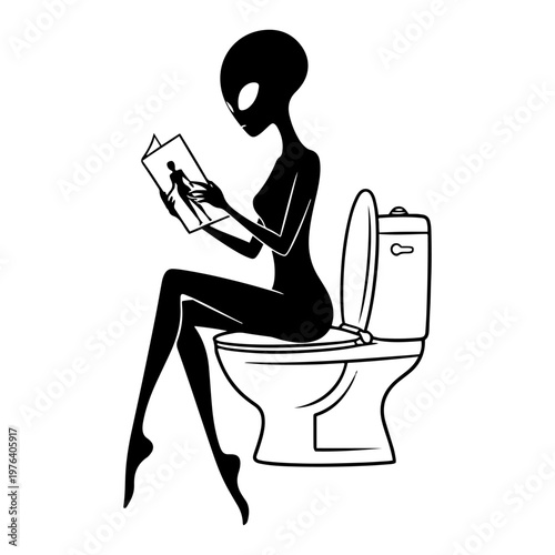 Alien sitting on toilet reading a magazine in humorous black and white vector style