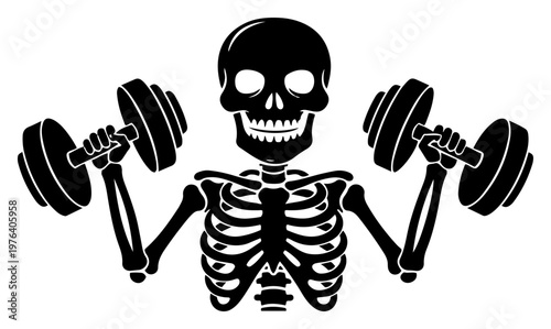 Skeleton lifting dumbbells at the gym for fitness training in minimalist black and white vector style