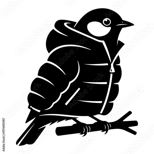 Bird wearing a warm puffer jacket perched on a tree branch in minimalist black and white vector style