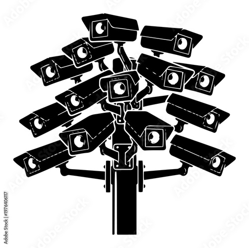 Surveillance cameras mounted on a pole representing total monitoring and privacy loss in minimalist black and white vector style