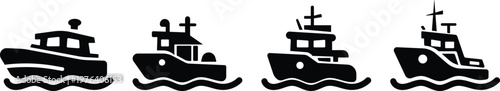 Boat and ship icon set with sea transport silhouettes, Marine vessel collection with sailing ships, Nautical transport symbols