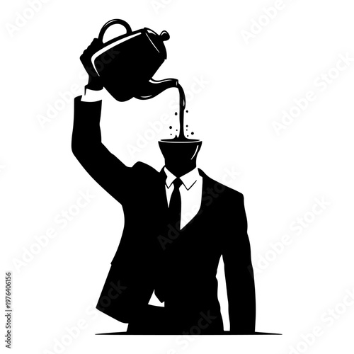 Businessman pouring tea into his own open head representing knowledge consumption and learning in minimalist black and white vector style