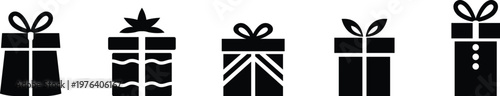 Gift box icon set with present wrapping styles, Celebration and holiday package symbols, Festive present silhouette collection