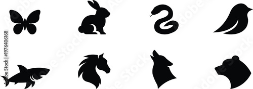 Animal silhouette icon set with wildlife and pet shapes, Butterfly rabbit snake bird and fish symbols, Minimal fauna collection