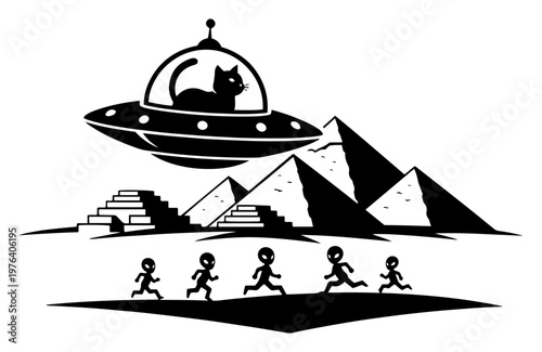 Cat piloting a UFO over pyramids while aliens run away in a humorous sci-fi scene in minimalist black and white vector style