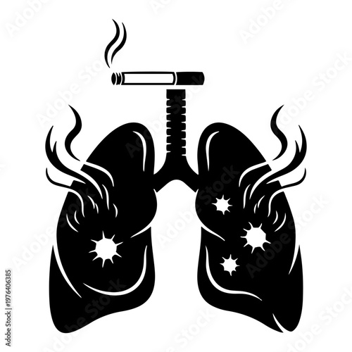 Lungs with smoking cigarette trachea representing health risks and respiratory disease in black and white vector style