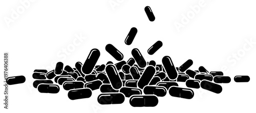 Pile of capsule pills falling from above representing pharmacy and medication concepts in minimalist black and white vector style