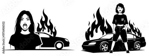 Young woman with tongue out in front of burning car representing rebellion and urban chaos in vector style