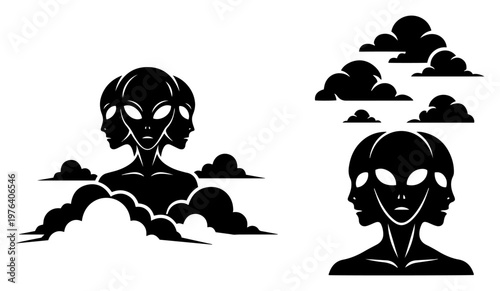 Three faced alien head surrounded by clouds representing multi dimensional consciousness in black and white vector style