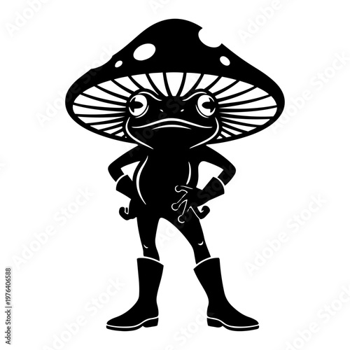 Frog wearing mushroom hat and boots in minimalist black and white vector style
