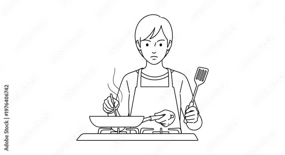 Fototapeta premium A person wearing an apron appears frustrated or annoyed while attempting to cook on a stovetop with a pan and utensils.