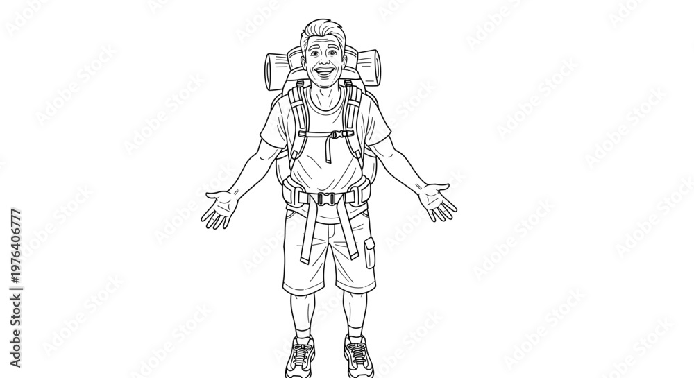 Fototapeta premium A male hiker, heavily laden with a large backpack, stands with his arms open, perhaps feeling lost or overwhelmed during an adventure.