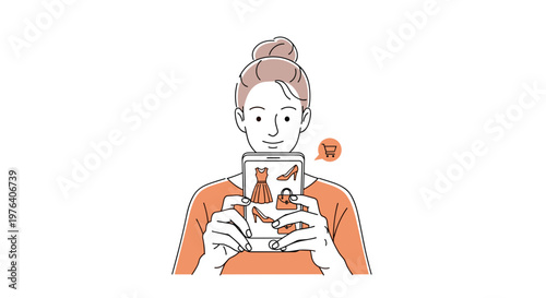 A woman with her hair in a bun is engaged in online shopping, viewing various fashion items like dresses and shoes on her smartphone.