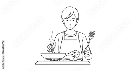 A person wearing an apron appears frustrated or annoyed while attempting to cook on a stovetop with a pan and utensils.