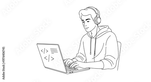A young man wearing headphones is diligently working on a laptop, coding with visible programming symbols on his screen.