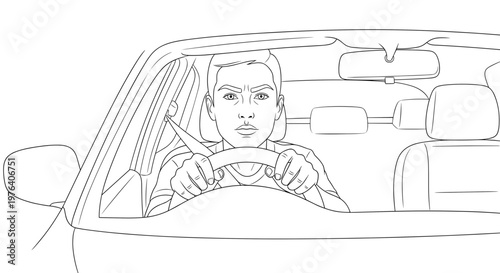 A focused driver is behind the steering wheel of a car, looking straight ahead through the windshield, ready to navigate the road.