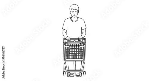 A young person is pushing an empty supermarket shopping cart directly towards the viewer, ready for grocery shopping.