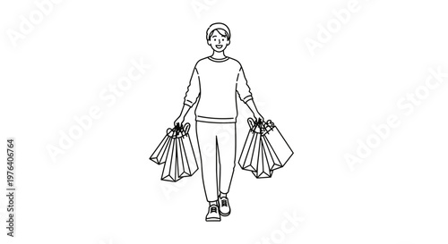 A cheerful person is walking confidently while carrying numerous full shopping bags in both hands after a successful retail therapy session.