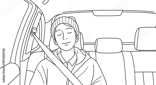 A person with a beanie hat is comfortably seated in a car with a seatbelt fastened, resting with eyes closed during a ride.