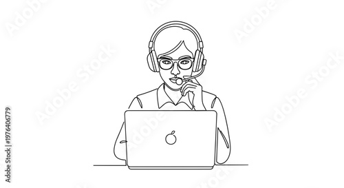 A focused customer service representative with a headset and microphone is diligently working on a laptop, providing support or engaging in a virtual meeting from a home office setup.
