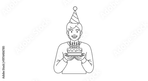 A cheerful man wearing a festive party hat is happily holding a small birthday cake adorned with lit candles, ready to celebrate a special occasion.