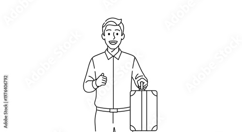 A smiling man, dressed in smart casual attire, is happily standing next to a suitcase, appearing ready and eager for travel or a business trip.