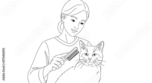 A gentle woman affectionately combing the fur of a fluffy cat, demonstrating pet care and a loving bond between them.