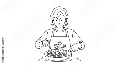 A focused woman wearing an apron, actively stirring ingredients in a wok or large pan on a stovetop, preparing a delicious meal.