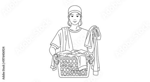 A diligent woman carrying a laundry basket full of clean clothes and holding folded garments, demonstrating household chores and daily routine.