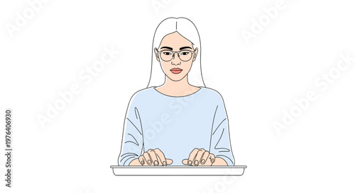 A focused young woman with long hair and glasses sits in front of a keyboard, diligently typing or working on a computer.