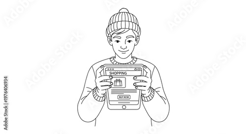 A cheerful young man wearing a winter hat and holding a tablet is enthusiastically engaging in online shopping or browsing digital content.