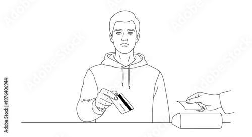 A young man is confidently holding a credit card, ready to make a payment at a point-of-sale terminal, symbolizing modern transactions.