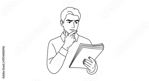 A thoughtful young man with a pensive expression is holding a stack of documents, seemingly contemplating an important decision or problem.