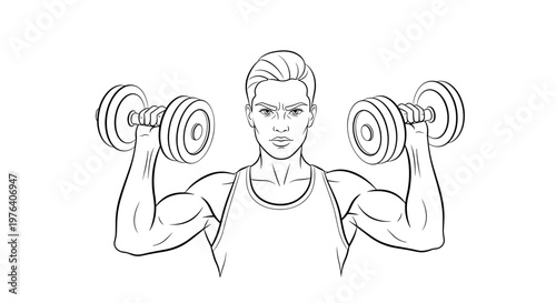 A strong and focused young woman is actively engaged in weightlifting, performing a dumbbell exercise to build strength and muscle.