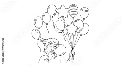 A person wearing a party hat is happily holding a large bunch of festive balloons, celebrating a special occasion or birthday event.