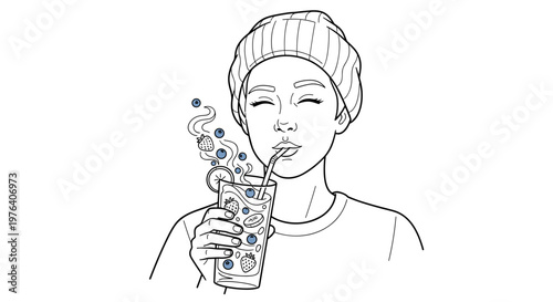 A young person with a beanie and closed eyes is calmly sipping a refreshing, healthy beverage filled with fruits and bubbles through a straw.