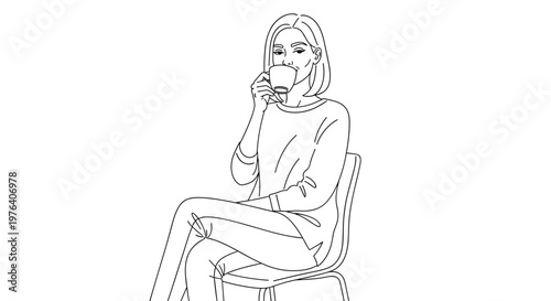 A relaxed young woman with short hair is comfortably sitting on a chair, enjoying a warm beverage from a mug.
