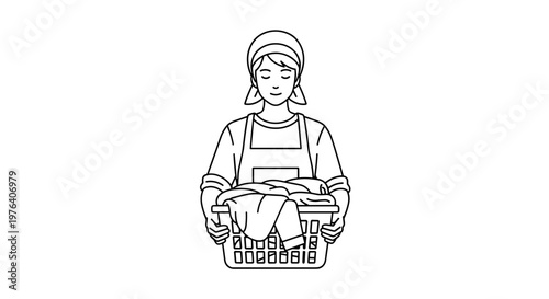 A diligent woman wearing an apron and a headscarf is holding a full laundry basket with neatly folded clothes.
