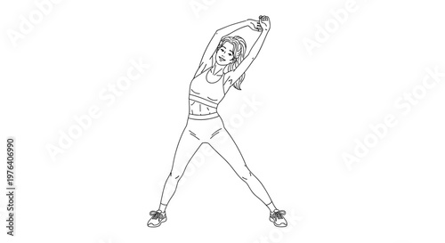 An athletic young woman with a lean physique is actively stretching her body with arms raised, showing flexibility and fitness.