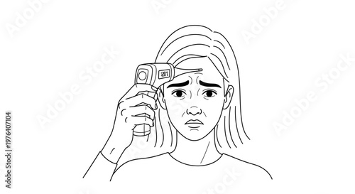 A worried woman having her forehead temperature scanned by an infrared thermometer, indicating health concerns or illness.