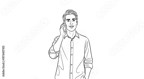 A stylish man in a collared shirt engaging in a conversation on his smartphone with a confident and relaxed demeanor.
