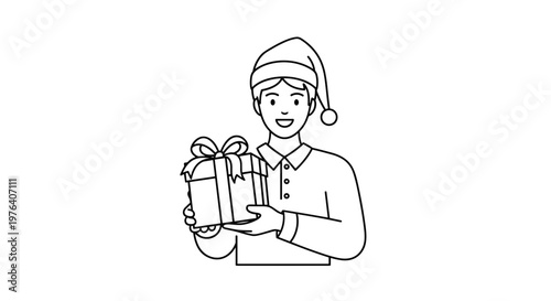A happy man wearing a festive Santa hat, cheerfully presenting a wrapped gift box, celebrating holidays and giving.