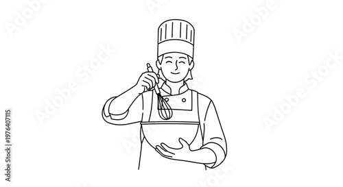 A cheerful chef in a tall hat and apron happily whisking ingredients in a bowl, demonstrating culinary preparation skills.