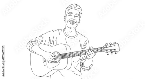 A happy young man with a joyful expression, strumming an acoustic guitar, enjoying the moment of creating music.
