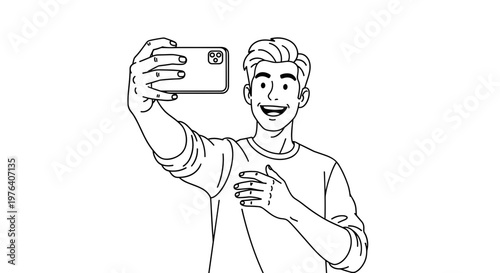 A happy young man with a wide smile, confidently taking a selfie with his smartphone, capturing a moment of joy.