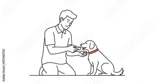 A man in a polo shirt kneels down to lovingly feed a small treat to his happy pet dog, fostering a strong bond.