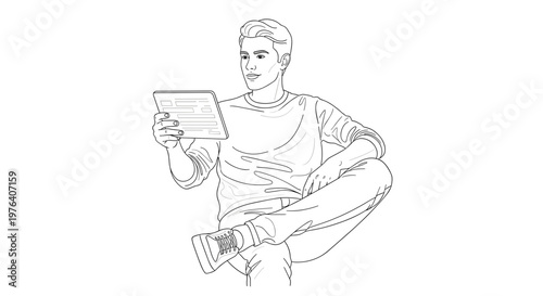 A calm and focused man sits cross-legged, intently reading or working on a digital tablet in a relaxed setting.