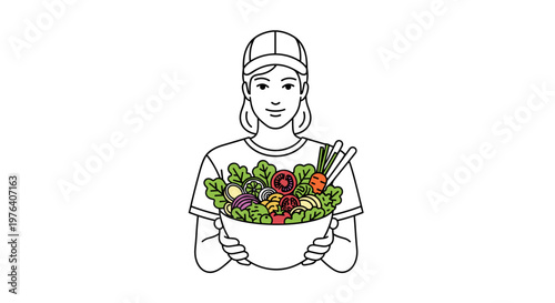 A young, healthy woman wearing a cap proudly holds a large bowl filled with a vibrant, fresh, and nutritious salad.